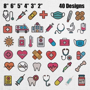 Könnte beinhalten: Eine Sammlung von 40 medizinischen Designs, darunter Stethoskope, Spritzen und Verbände. Die Designs sind in einem farbenfrohen Cartoon-Stil gehalten, mit Abmessungen von 5 cm bis 20 cm.