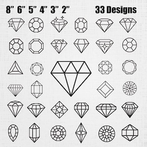Può includere: Una collezione di 33 icone di diamanti e pietre preziose in linee nere disposte in una griglia. Il testo 8" 6" 5" 4" 3" 2" appare in alto a sinistra e 33 Designs è scritto in alto a destra. Ogni icona presenta una forma geometrica.