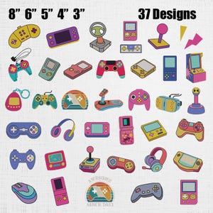 May include: A collection of 37 retro video game designs, including controllers, handheld consoles, and arcade game graphics. The designs are in various colors, with sizes ranging from 3 to 8 inches.