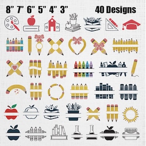 May include: A digital collection of 40 school-themed designs featuring pencils, apples, books, crayons, and graduation caps in various arrangements. The text 8" 7" 6" 5" 4" 3" and 40 Designs is displayed at the top of the graphic illustration.