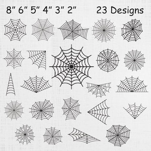 Puede incluir: Una colección de 23 diseños de telarañas negras en varias formas y tamaños, que van de 5 cm a 20 cm de diámetro. La imagen incluye texto que indica los tamaños de los diseños.