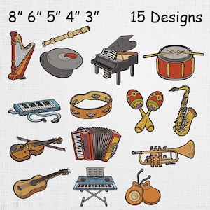 Può includere: Un'illustrazione di 15 modelli di strumenti musicali, tra cui arpa, flauto, pianoforte, batteria, tastiera, tamburello, maracas, sassofono, violino, fisarmonica, tromba, chitarra e castagnette. Il testo dice "8" 6" 5" 4" 3"" e "15 Designs."