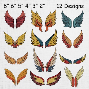 May include: Twelve colourful wing designs in various sizes, ranging from 5 to 20 cm. The wings feature a variety of colours, including red, orange, yellow, blue, and gold. The image includes the text "12 Designs".