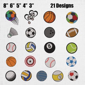 Puede incluir: Una colección de 21 diseños con temática deportiva, que incluyen una pelota de baloncesto, un balón de fútbol, una pelota de béisbol y una pelota de tenis. Los diseños están bordados y presentan varios colores y patrones. Los tamaños varían de 7,6 a 20,3 cm.