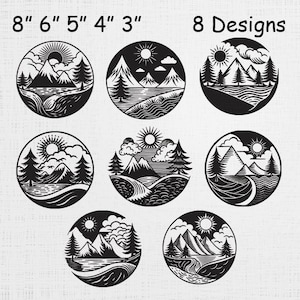 Puede incluir: Ocho diseños circulares en blanco y negro con escenas de montañas y paisajes. Los diseños varían en detalle, con representaciones de árboles, agua, sol y nubes. Tamaños de 7.6 a 20.3 cm.