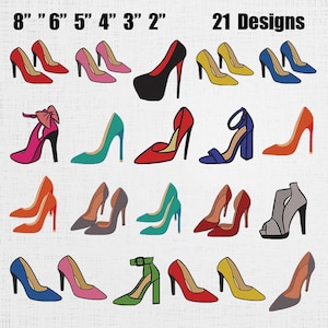 Lot de broderies à talons hauts - motif de broderie de chaussures à talons mode - fichier Machine sandale girly - 21 modèles 6 tailles
