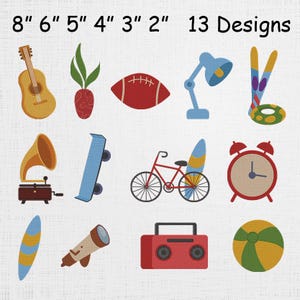 May include: A collection of 13 designs, including a guitar, plant, football, desk lamp, golf club, gramophone, skateboard, bicycle, alarm clock, surfboard, telescope, radio, and beach ball. Sizes range from 2 to 8 inches.