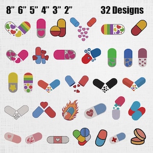 May include: A collection of 32 pill designs, each approximately 2 to 8 inches in length, with various colors and patterns. Some pills are open, revealing hearts, stars, and other decorative elements. The text "32 Designs" is displayed at the top.