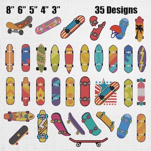 Könnte beinhalten: Eine Sammlung von 35 Skateboard-Designs in verschiedenen Farben und Stilen. Die Boards sind zwischen 7,6 cm und 20,3 cm breit und weisen Designs wie Flammen, Streifen und Sterne auf. Der Text "35 Designs" ist enthalten.