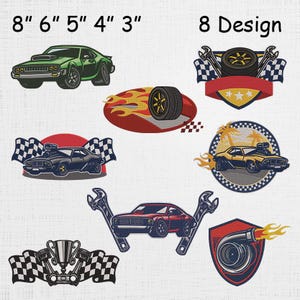 May include: Eight embroidered car designs, including a green muscle car, a tire with flames, and a red car with wrenches. The designs range from 3 to 8 inches in size and feature racing flags and automotive themes.