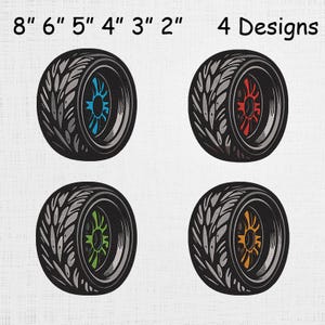 May include: Four embroidered tyre designs with varying coloured centres: blue, red, green, and orange. The tyres are black with grey tread and are available in sizes from 5.08 cm to 20.32 cm. The text "4 Designs" is visible.