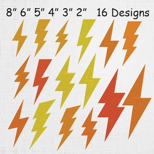 Könnte beinhalten: Sechzehn gestickte Blitzmuster in Gelb-, Orange- und Rottönen, mit einer Höhe von 5 bis 20 cm. Die Designs werden auf einem weißen, strukturierten Hintergrund dargestellt. Der Text "16 Designs" ist oben sichtbar.