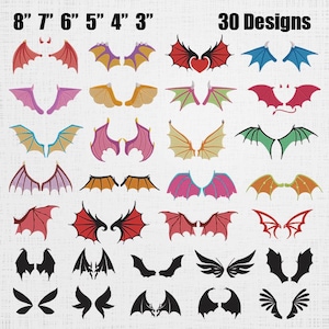 May include: A collection of 30 embroidered wing designs in various colors, including red, purple, and black. The designs range in size from 3 to 8 inches wide, with each design displayed in pairs. The text "30 Designs" is at the top right.