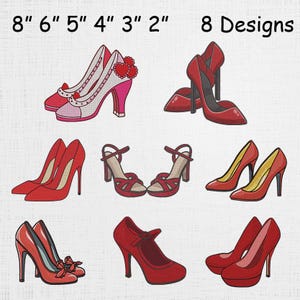 Peut inclure: Présentation de huit modèles de chaussures à talons hauts, avec différents styles et couleurs. Les chaussures varient des escarpins classiques aux sandales à lanières, avec des détails comme des nœuds et des cœurs. Tailles indiquées de 5 à 20 cm.