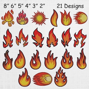 May include: A collection of 21 embroidered fire designs in various shapes and sizes. The designs feature flames in shades of red, orange, and yellow, outlined in a darker color. Sizes range from 2 to 8 inches.