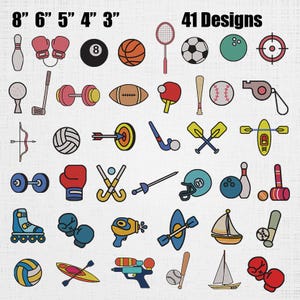 May include: A collection of 41 sports-themed designs, including a bowling pin, boxing gloves, a basketball, a soccer ball, a golf ball, a dumbbell, a football, a baseball, and a sailboat. The designs are colorful and outlined in black.