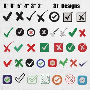 May include: A selection of 37 designs showing check marks and X symbols in different styles and colours. Sizes are indicated from 5 to 20 cm. The designs include solid, outlined, and filled-in versions, some within squares and circles.