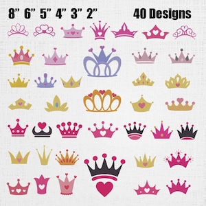 May include: A collection of 40 crown designs in various shapes and colors, including pink, purple, gold, and black. The image features text indicating sizes of 8, 6, 5, 4, 3, and 2 inches, along with the label 40 Designs, showcasing diverse crown silhouettes.