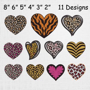 Op de afbeelding: Elf hartvormige ontwerpen met verschillende patronen, waaronder luipaardprint, tijgerstrepen en bloemmotieven. Maten variëren van 5 tot 20 cm. De ontwerpen hebben een verscheidenheid aan kleuren, waaronder bruin, roze, geel en zwart.