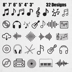 Op de afbeelding: Een verzameling van 32 zwarte muziekontwerpen, waaronder muzieknoten, koptelefoons, gitaren en geluidsgolven. Maten variërend van 7.6 cm tot 20.3 cm. De tekst luidt "32 Designs".