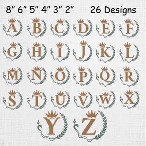 Peut inclure: Ensemble de 26 motifs brodés avec les lettres A à Z, couronnées et entourées d'une couronne de laurier. Les lettres sont marron, les couronnes sont vertes. L'image comprend des mesures de 5 cm à 20 cm.