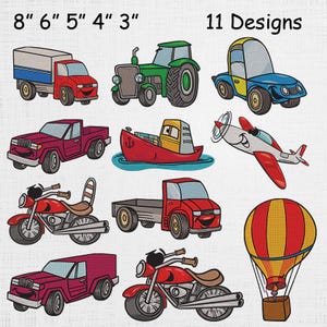 May include: An assortment of 11 embroidered designs featuring various vehicles. The designs include a red truck, green tractor, blue car, red pickup truck, red boat, airplane, motorcycle, red truck, red SUV, motorcycle, and a hot air balloon. The text "8" 6" 5" 4" 3" and "11 Designs" is also present.