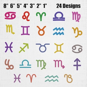 Zodiac Sign Embroidery Design Set - Esoteric Symbols Machine Embroidery - Astrology Sings Stitch Pattern - 24 Designs 7 Sizes