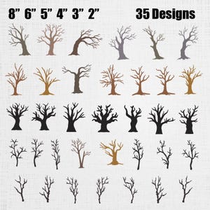 May include: A collection of 35 tree silhouettes in various shapes and sizes, including brown, gray, and black colors. The text 8" 6" 5" 4" 3" 2" and 35 Designs is printed at the top of the image, showcasing different bare branch tree designs.