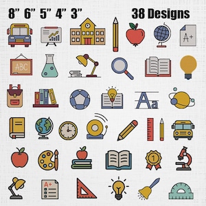 May include: A collection of 38 school-themed designs, including a school bus, apple, globe, books, and pencil. The designs are in a colorful, cartoon style, with measurements from 3 to 8 inches.