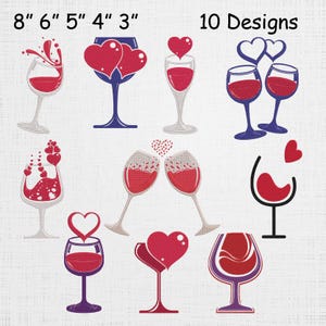 May include: A collection of ten wine glass designs, each featuring a different red wine and heart motif. The glasses vary in shape and style, with some having a classic stem and others with unique bases. The image includes measurements from 3 to 8 inches.