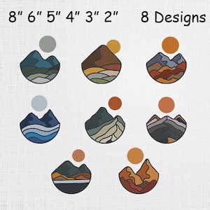 Puede incluir: Ocho diseños de montañas bordadas con un sol o una luna. Los diseños son de varios colores, incluyendo azul, verde, marrón y naranja. Los tamaños varían de 5 a 20 cm. El texto "8 Designs" está en la parte superior.