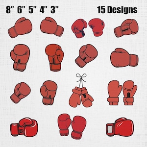May include: A collection of 15 red boxing glove designs, with sizes ranging from 3 to 8 inches. The image features various styles of gloves, including pairs and individual gloves, all in a vibrant red color.