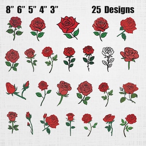 May include: An image featuring 25 rose designs in red, with green leaves and stems. The text "8" 6" 5" 4" 3"" is at the top, indicating sizes. The roses are depicted in various styles and levels of detail.