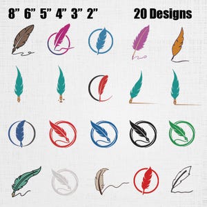 May include: A digital collection of 20 feather quill pen designs in various colors and styles, including some enclosed in circles. The text 8" 6" 5" 4" 3" 2" and 20 Designs is displayed at the top, indicating available sizes in inches.