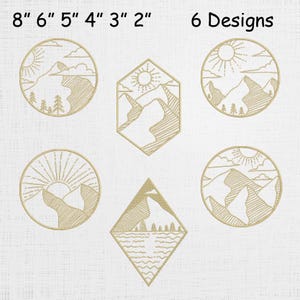 May include: Six embroidered mountain designs in various shapes, including circles, a hexagon, and a diamond. The designs feature mountains, suns, and trees. Sizes range from 2 to 8 inches.