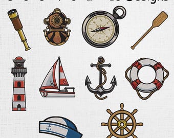 May include: A collection of ten nautical-themed designs, including a telescope, diving helmet, compass, oar, lighthouse, sailboat, anchor, life preserver, sailor hat, and ship's wheel. The designs are approximately 2 to 8 inches in size.