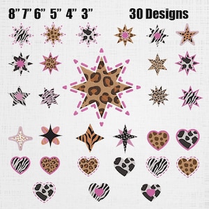 Animal Print Star Embroidery Design Bundle - Animal Print Sparkle Star Stitch Pattern - Animal Print Heart Machine File - 30 Designs 6 Sizes