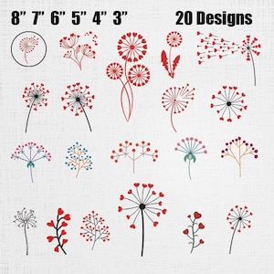 Dandelion Flower With Heart Embroidery Bundle - Dandelion Flower Digital Stitch Pattern - Dandelion Heart Machine File - 20 Designs 6 Sizes