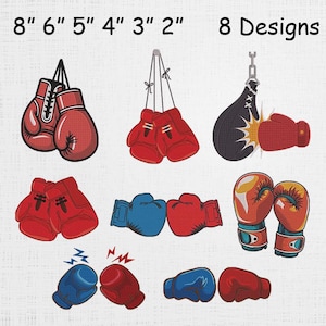 以下が含まれることがあります： ボクシンググローブの8つの異なるデザインを示す画像。グローブは主に赤と青で、黒いパンチングバッグを備えたデザインもあります。テキストは5cmから20cmのサイズを示しています。