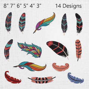 Può includere: Sono esposti quattordici disegni di piume colorate, ciascuno con motivi e colori unici. Le piume variano di dimensioni, la più grande misura 20 cm. I disegni includono varie tonalità di blu, rosso, giallo e verde.