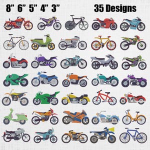 May include: A collection of 35 motorcycle designs in various colors and styles. The image includes the text "8" 6" 5" 4" 3"" and "35 Designs". The motorcycles range from classic to modern, with different wheel and body styles.
