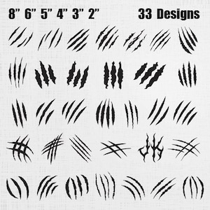 May include: A collection of 33 black claw mark designs in various sizes, ranging from 2 to 8 inches. The image features multiple scratch patterns, perfect for creative projects. The text "33 Designs" is displayed at the top right.