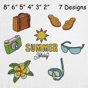May include: Embroidered summer-themed designs including a suitcase, camera, flip-flops, sunglasses, a flower, a sun, and a diving mask. The text "SUMMER Holiday" is also included. The image shows 7 designs.