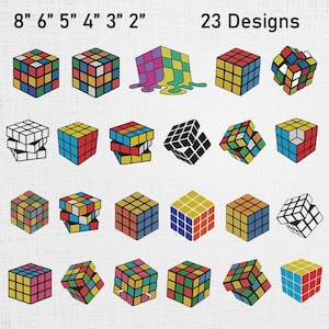 May include: A collection of 23 Rubik's Cube designs in various styles and colors. The image includes cubes in different sizes, with the largest labeled as 8 inches and the smallest as 2 inches. The cubes feature classic color schemes and unique variations.