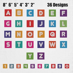 以下が含まれることがあります： AからZまでのアルファベットと0から9までの数字を含む36種類のデザインコレクション。各文字は白で、単色の正方形の中央に配置されています。画像の上部には「8" 6" 5" 4" 3" 2"」および「36 Designs」というテキストが表示されています。