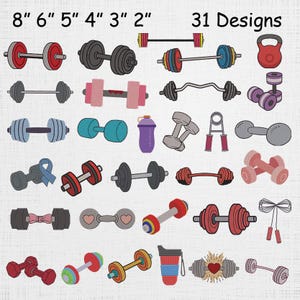 Könnte beinhalten: Eine Sammlung von 31 Hanteldesigns in verschiedenen Farben und Stilen. Das Bild enthält Langhanteln, Kettlebells und Handgriff-Trainingsgeräte. Die Maße sind in Zoll angegeben und reichen von 2 bis 8 Zoll. Der Text "31 Designs" ist ebenfalls vorhanden.