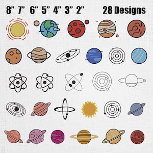 May include: A collection of 28 digital designs featuring various planets, stars, and orbital systems in both colorful and black-and-white line art styles. The text 8" 7" 6" 5" 4" 3" 2" and 28 Designs is displayed at the top of the image.