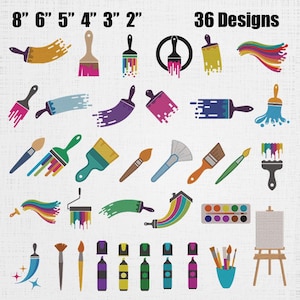 May include: A digital collection of 36 designs featuring various paintbrushes, paint rollers, paint palettes, and easels in multiple colors. The text 8" 6" 5" 4" 3" 2" and 36 Designs is displayed at the top of the image.