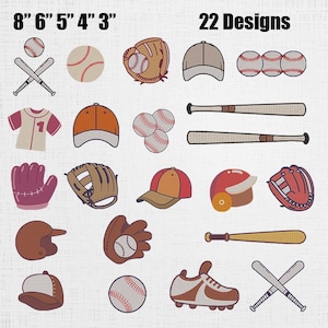 Peut inclure: Une collection de 22 motifs sur le thème du baseball, comprenant des balles, des battes, des gants, des casquettes et un maillot. Les motifs sont de différentes couleurs, comme le rouge, le marron et le blanc. L'image comprend également du texte indiquant des tailles de 7.6 cm à 20.3 cm.