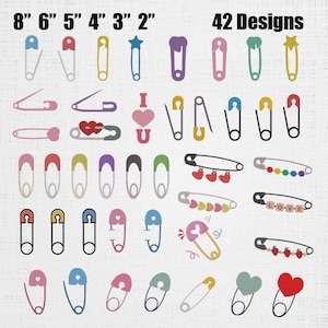 May include: A collection of 42 safety pin designs in various colors and shapes, including hearts, stars, and letter accents. The text 8" 6" 5" 4" 3" 2" and 42 Designs is displayed at the top, indicating available sizes for these decorative pins.